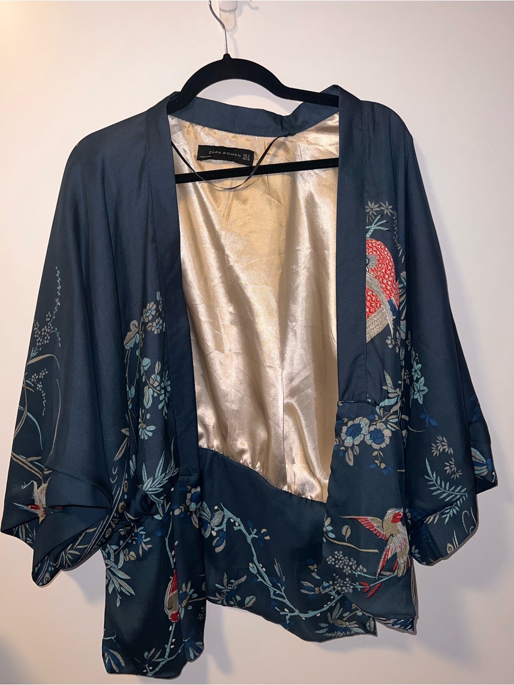 Zara Navy Floral Satin Kimono Robe with Champagne Lining